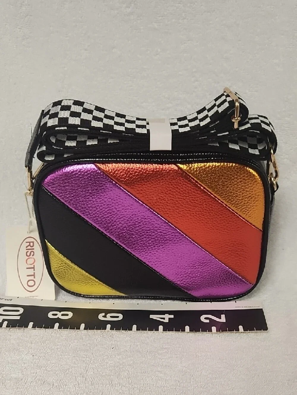 Black Crossbody Bag with Metallic Multi-Color Diagonal Stripes